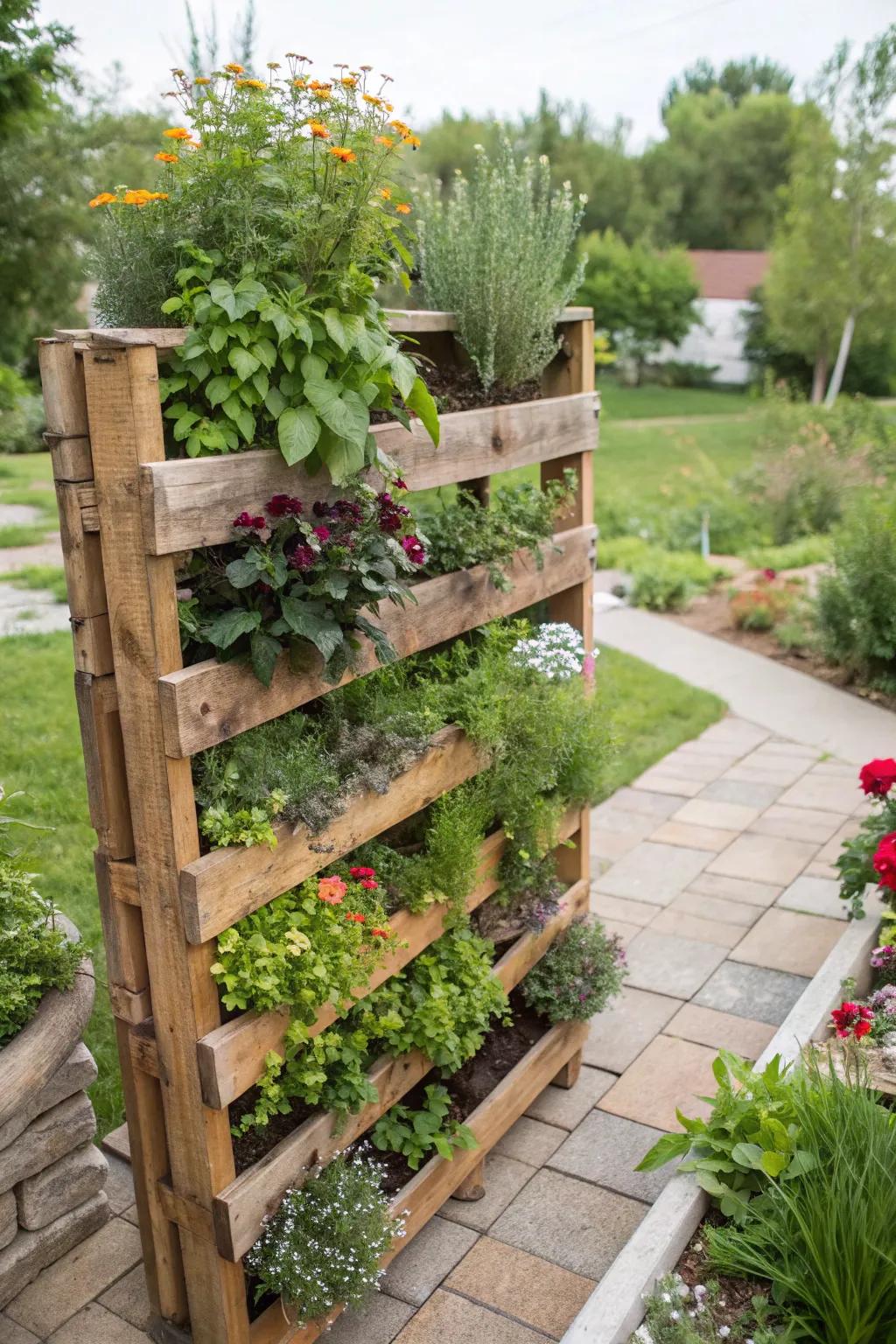 An eye-catching upright garden created from a recycled wooden pallet.