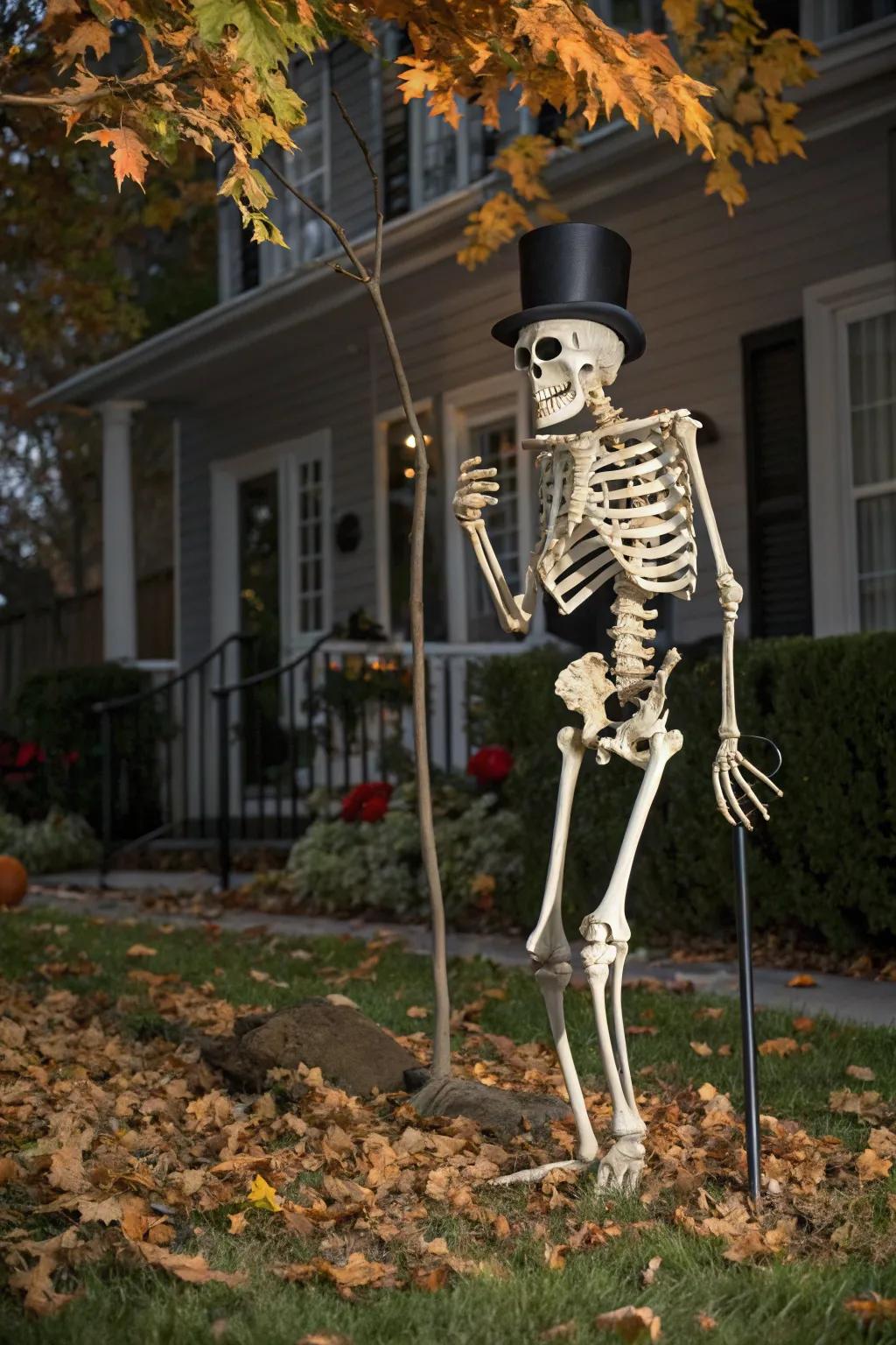 A formal skeleton, complete with a top hat and cane, introduces a charming quirkiness.