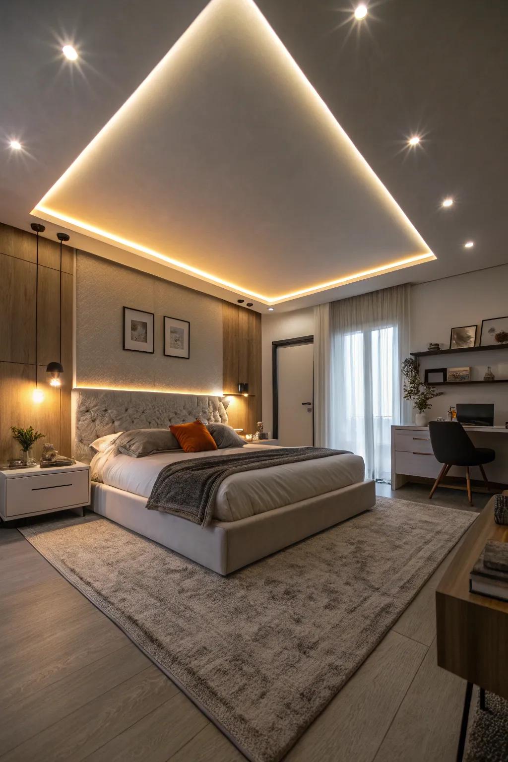 Ribbon lights tastefully accenting the bed and ceiling, presenting a modern aesthetic.