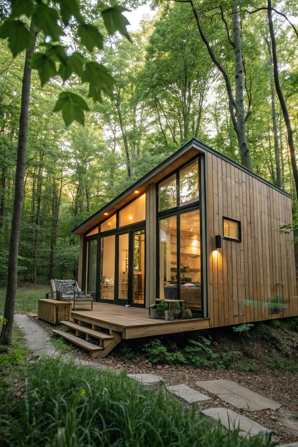 Expansive windows revolutionize a pocket-sized home by amplifying the influx of natural daylight.
