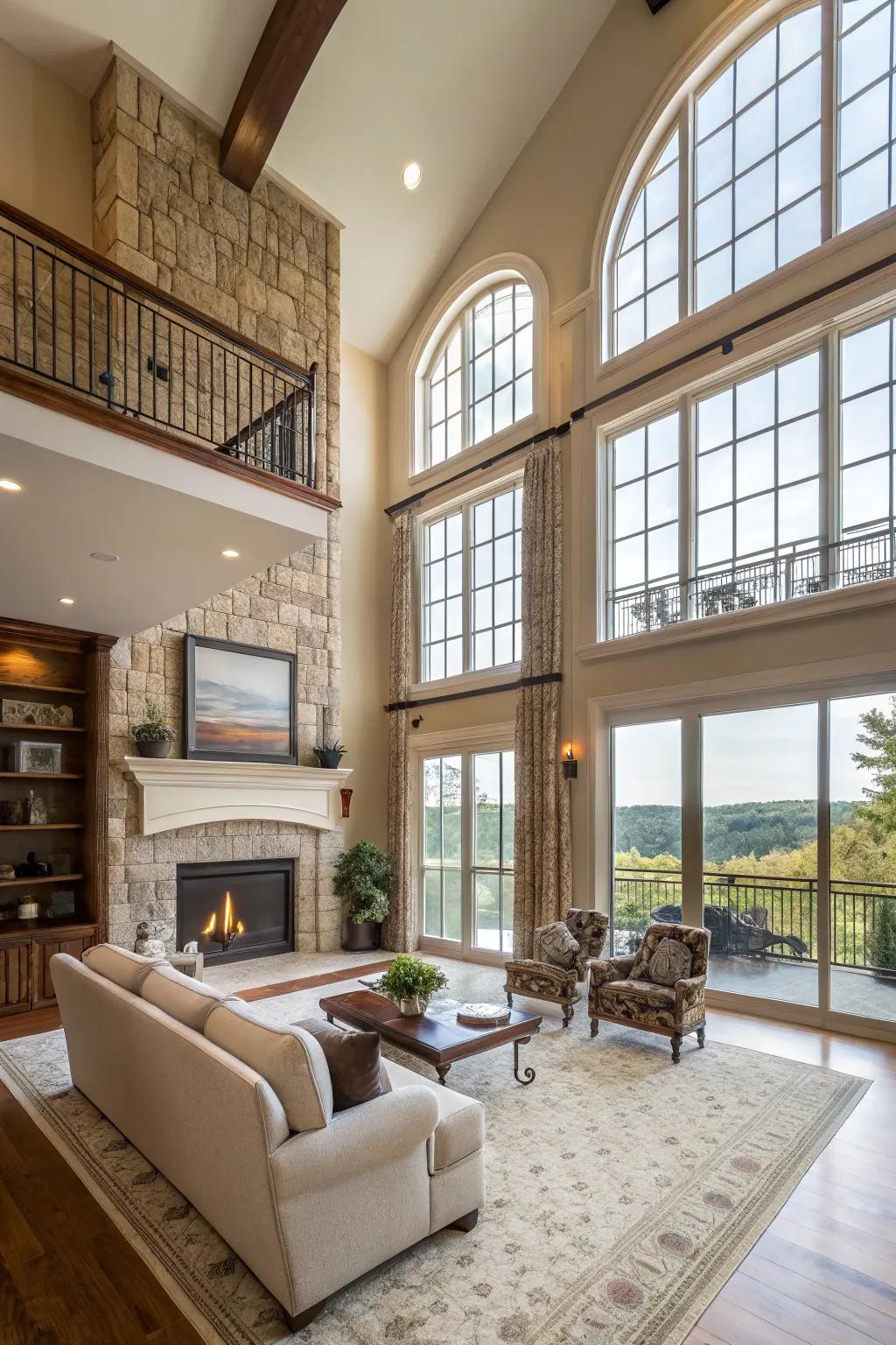 The great room's vast window façade offers a stunning landscape view.
