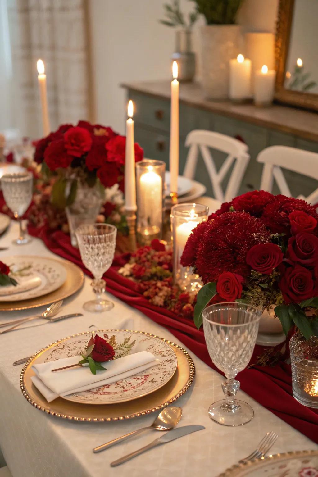 Ruby red floral centerpieces that perfectly capture the spirit of a 40th anniversary.