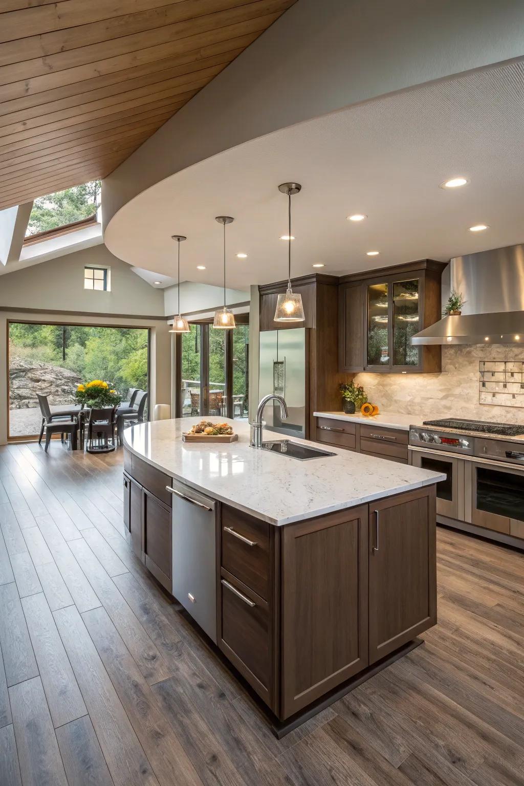 A 45-degree angled island enlivens the kitchen's ambiance and visual allure.