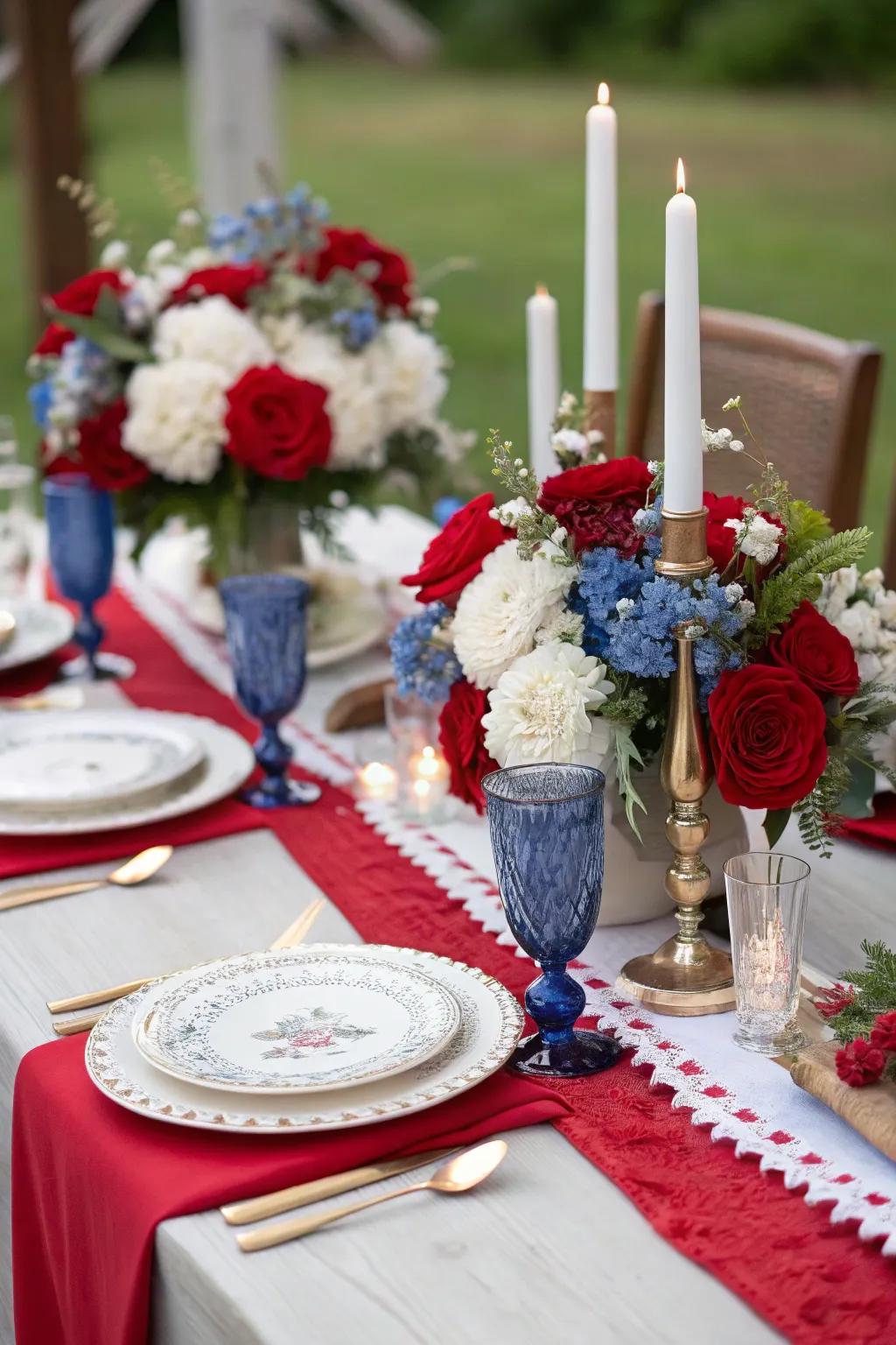 An exquisitely organized table arrangement that truly embodies the essence of a 4th of July celebration.