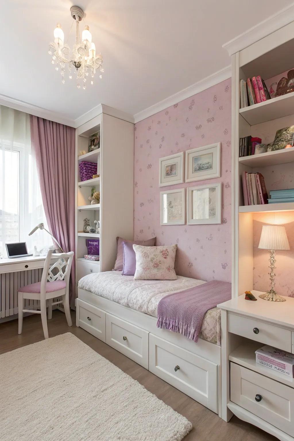 A seamless integration of light colors ensures a serene mood in this girl's bedroom.