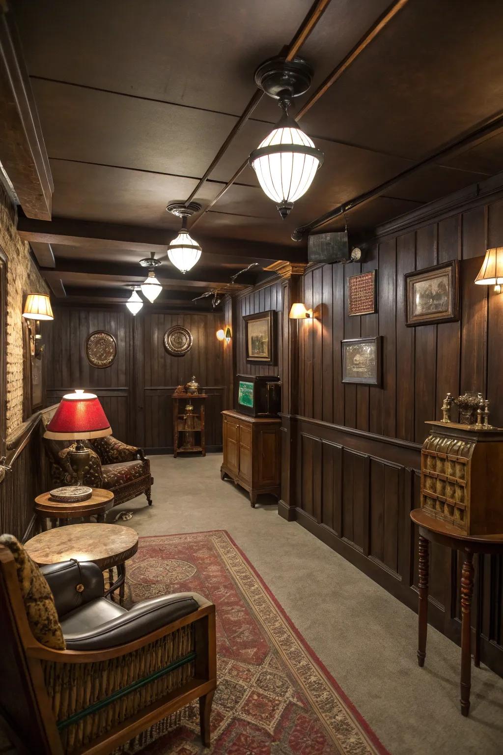 Timber wall coverings lay the groundwork for a basement inspired by the '70s.