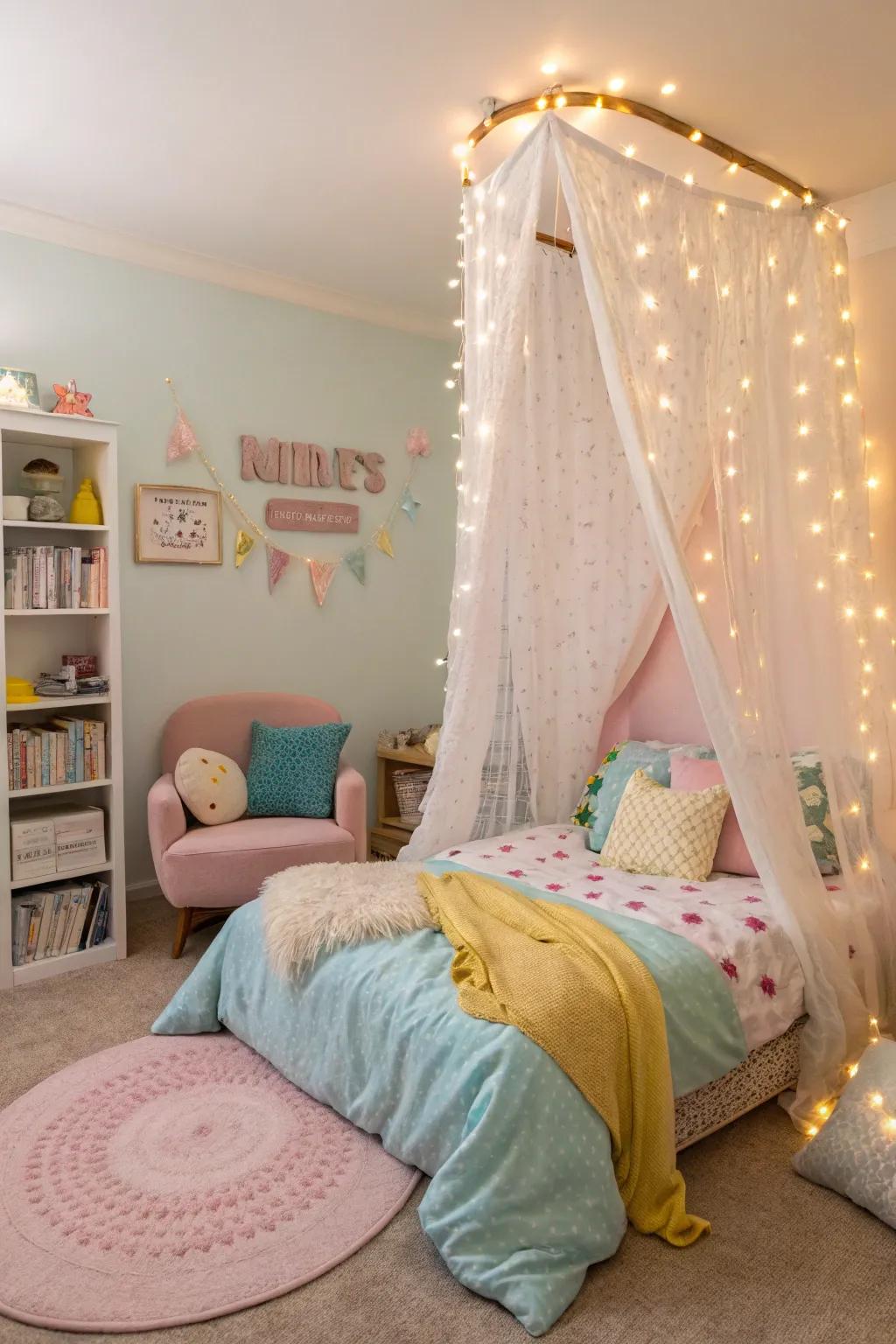 A spellbinding canopy bed embellished with twinkling lights, forging a serene hideaway.