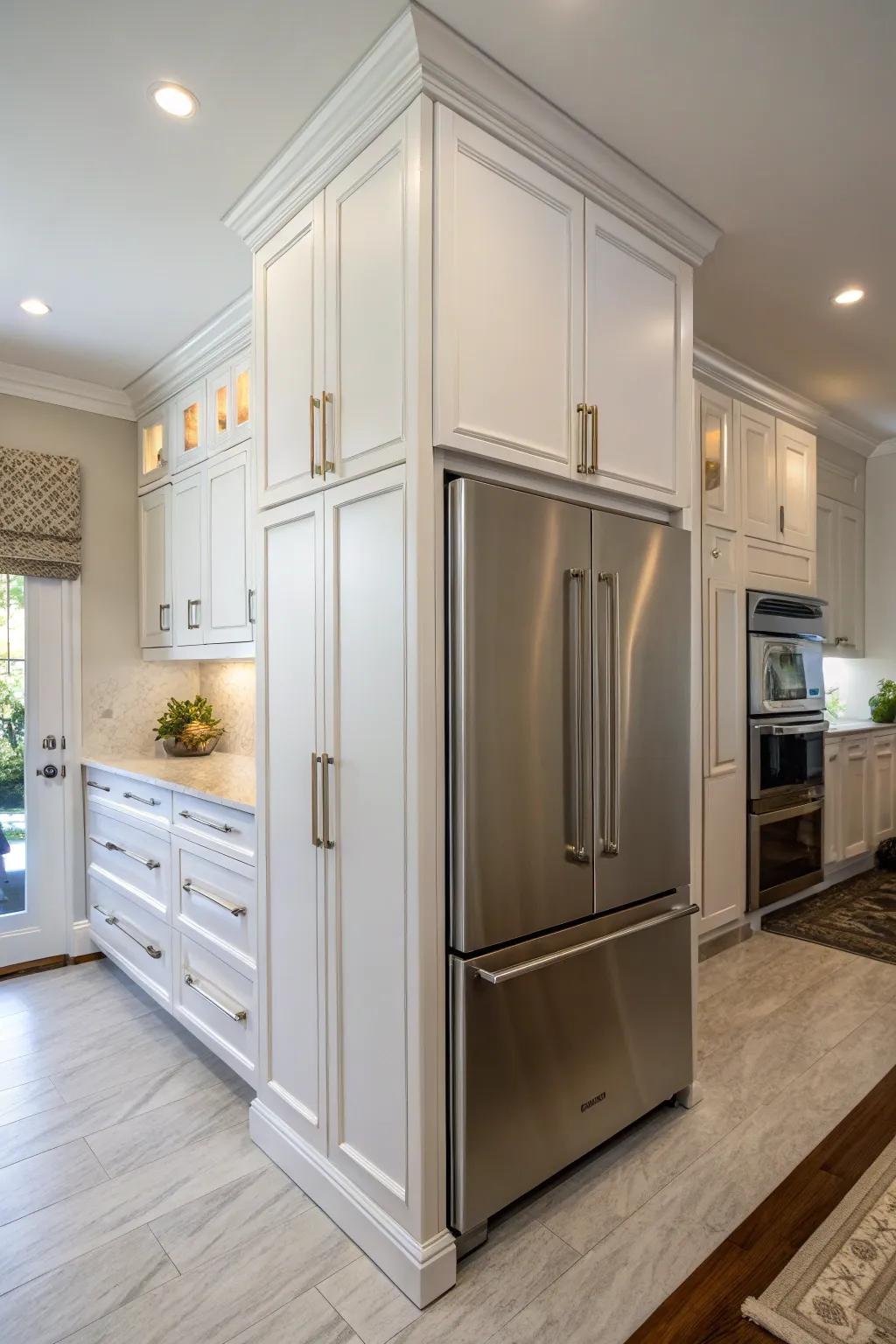 Custom cabinets offer a smooth and tailored aesthetic above the refrigerator.