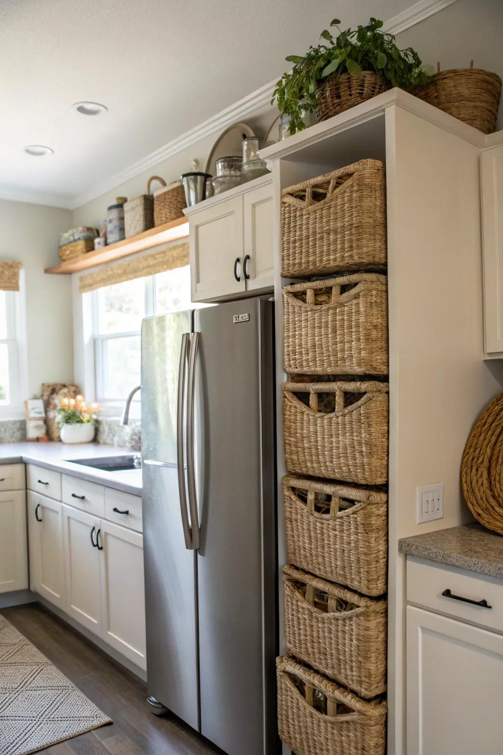 Employ woven baskets atop the fridge for elegant storage.