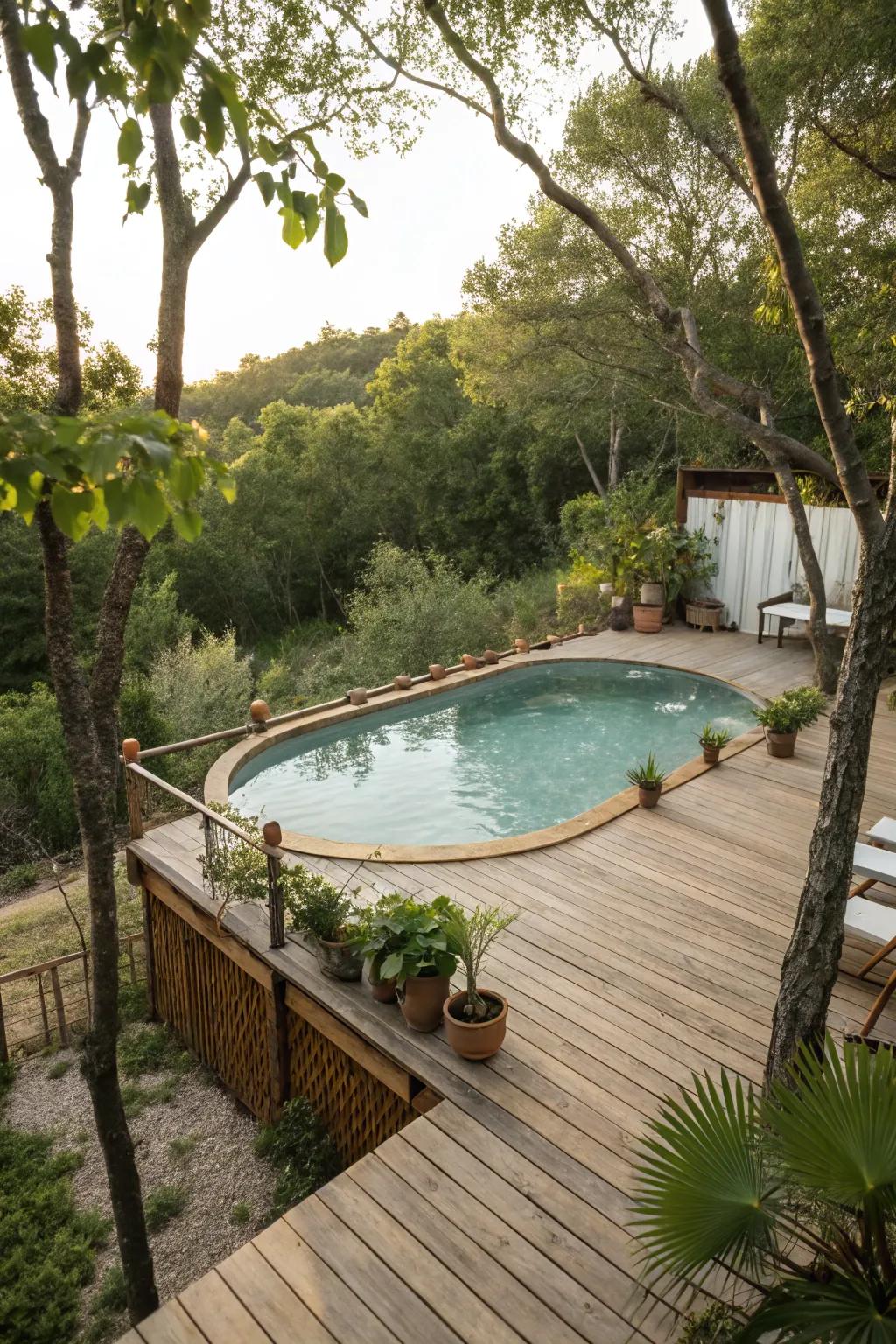 A timber deck contributes warmth and allure to any above-ground pool area.