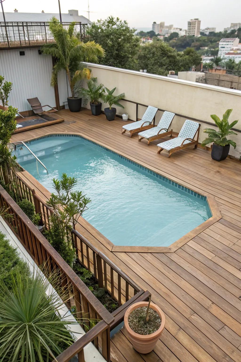 A timber deck introduces practicality and visual interest to your above-ground pool.
