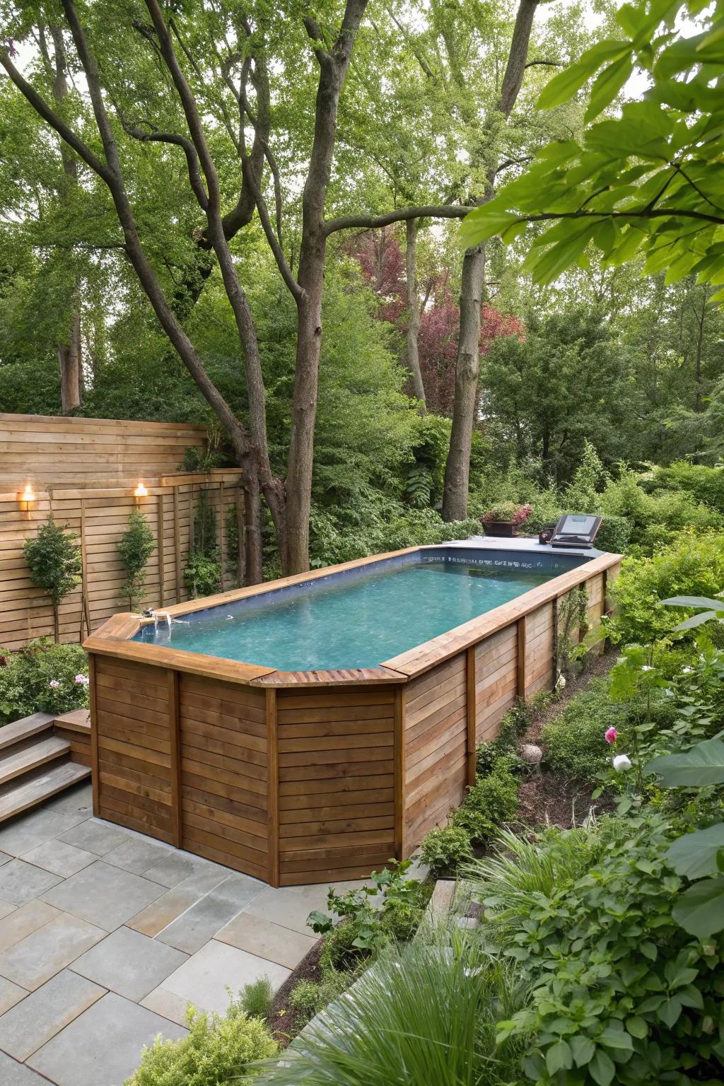 Wooden cladding lends a warm, organic aesthetic to above ground pools.