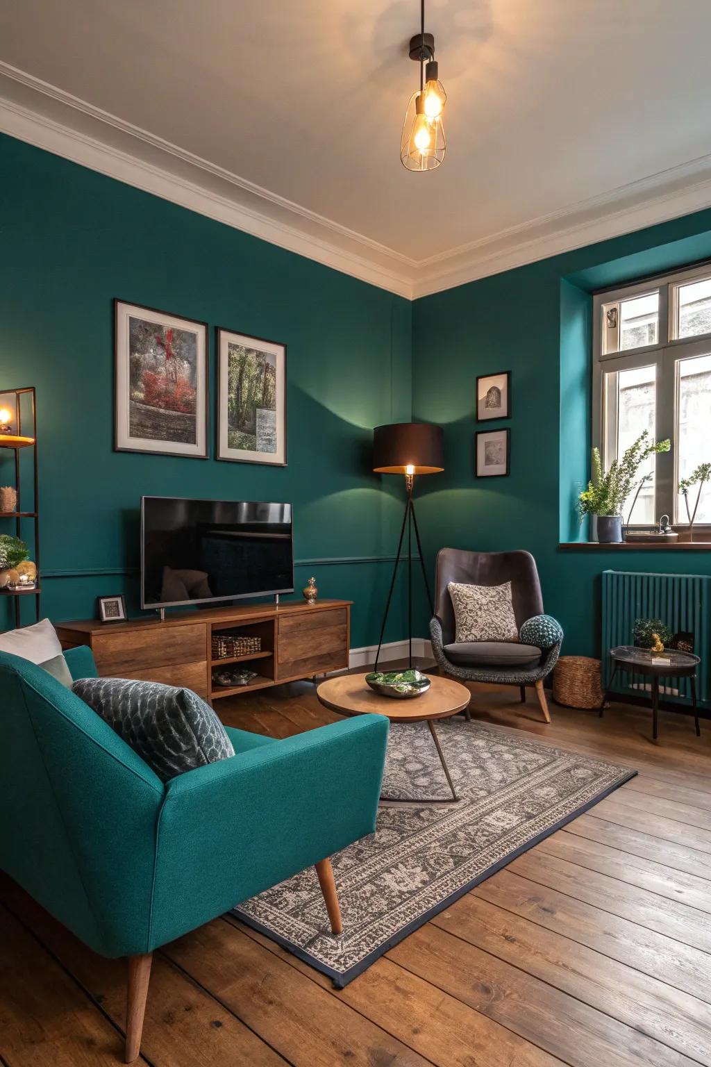 An indigo feature wall brings a lively element to the living space.