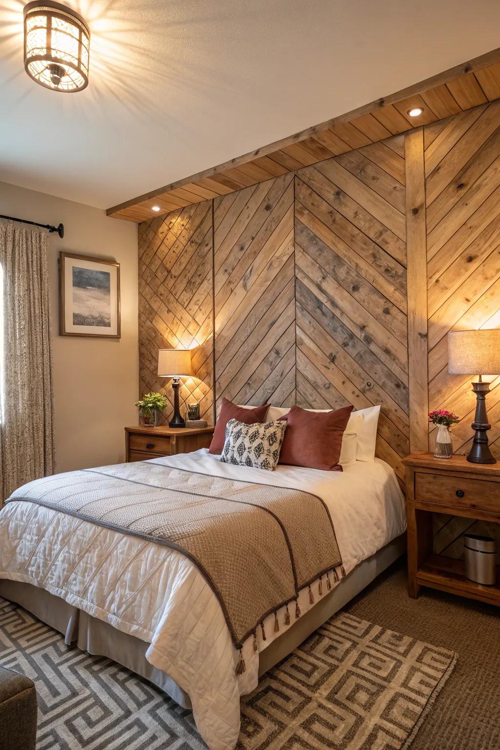 A sleeping chamber featuring a textured timber panel enhancement.