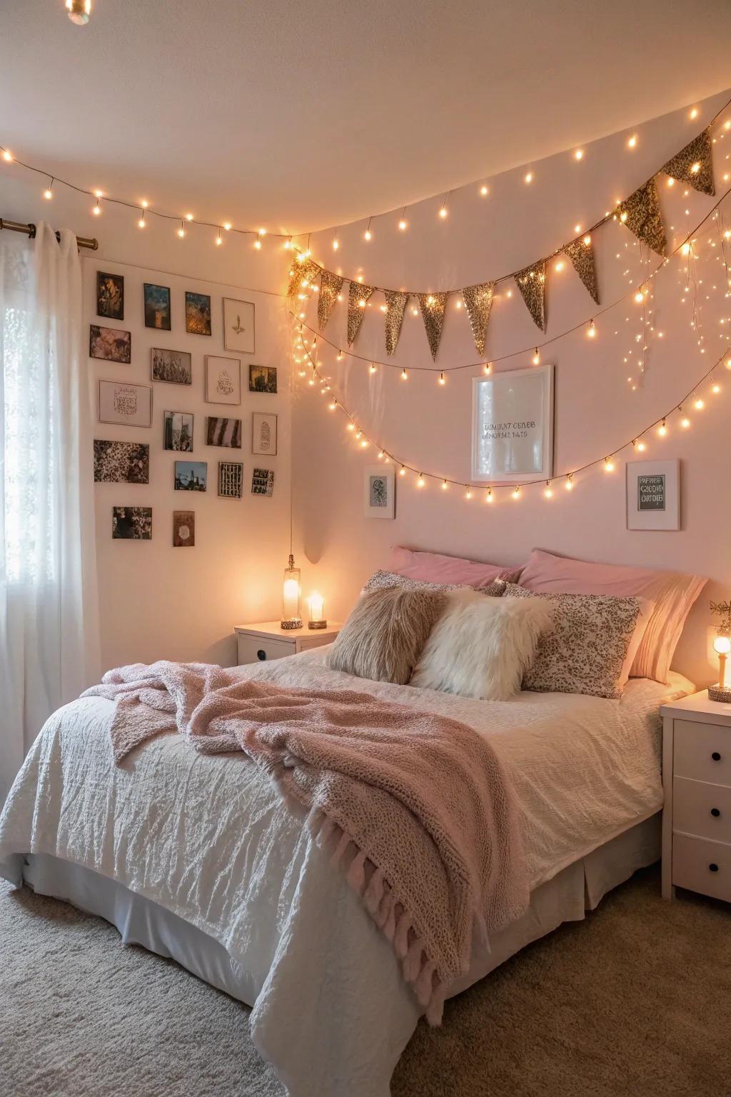 Gentle illumination with twinkling lights enhances the bedroom's comfort.