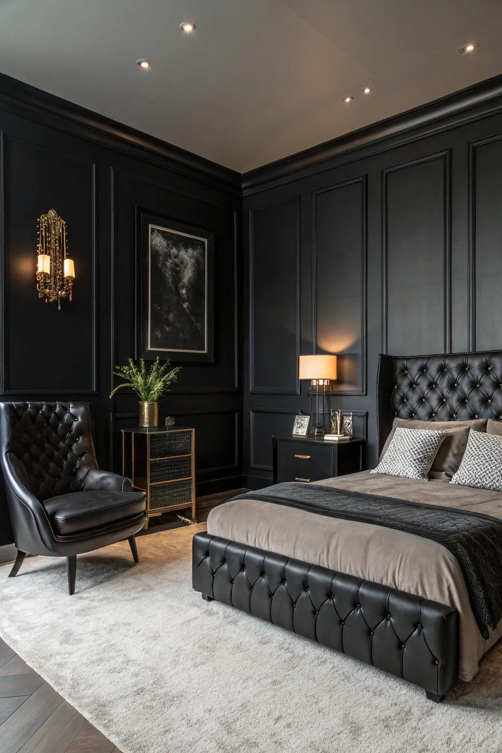 A bedroom showcasing onyx walls and furnishings, portraying a harmonious shaded color scheme.