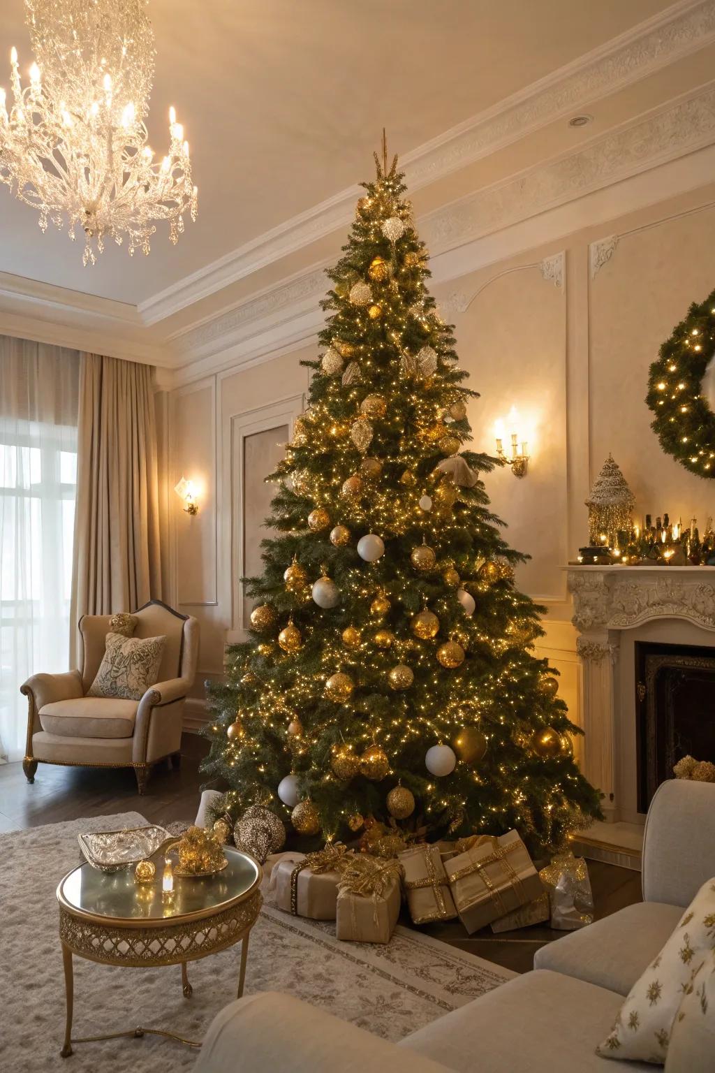 A Christmas tree shining with gilded elegance, illuminated by shimmering decorations and cozy lights.