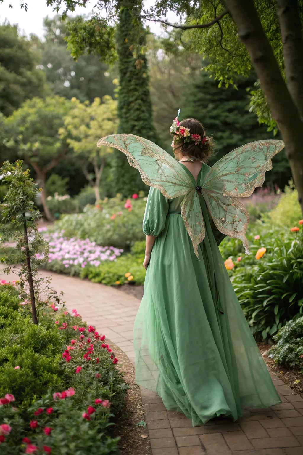 A captivating forest sprite within a mystical garden.