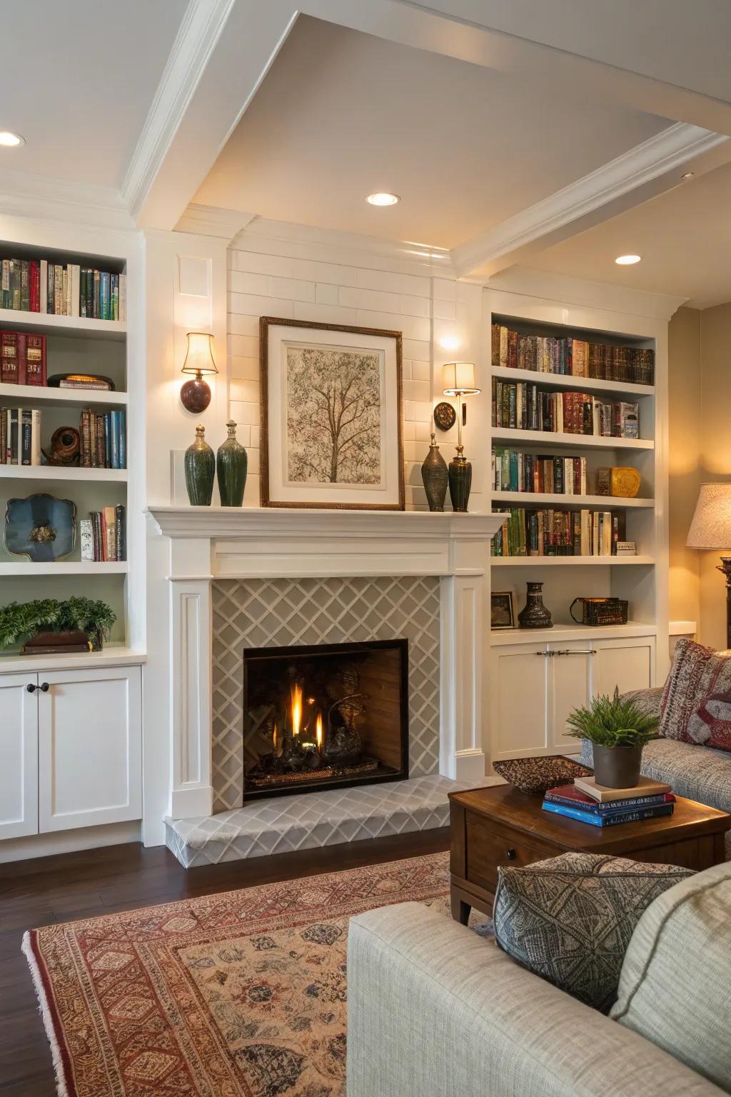 Outline your hearth with sophisticated alcove shelving.