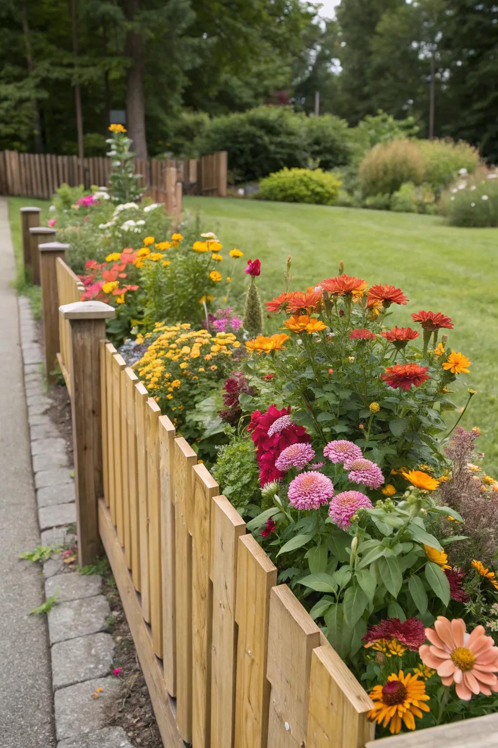A vibrant flower bed magnificently enhances the fence perimeter.