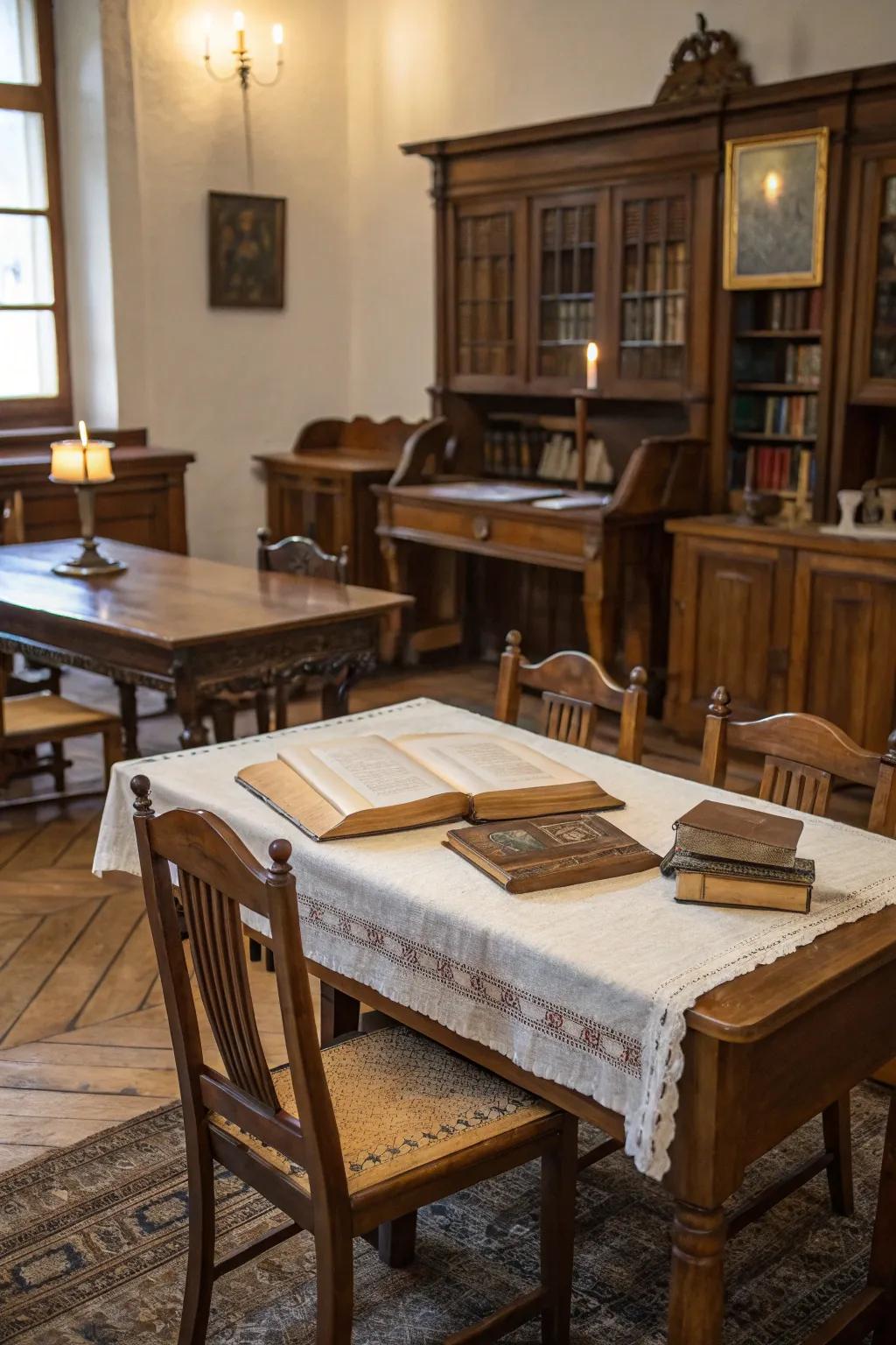 Classic wooden furniture infusing a modern space with history and allure.