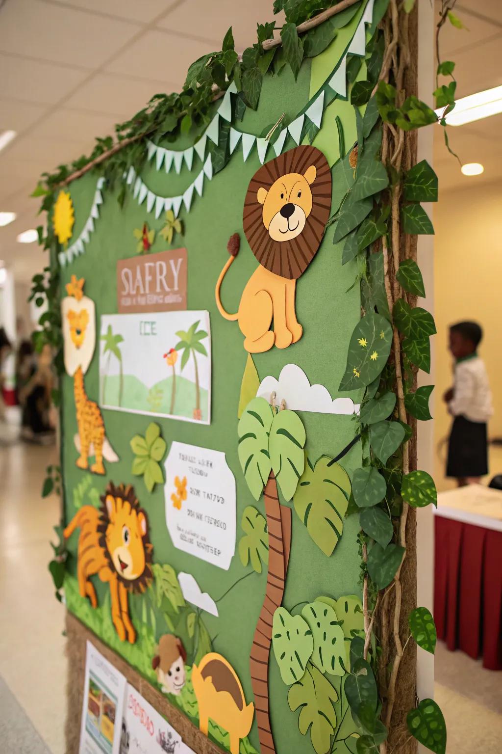 A safari adventure featuring jungle animals amidst vibrant greenery.