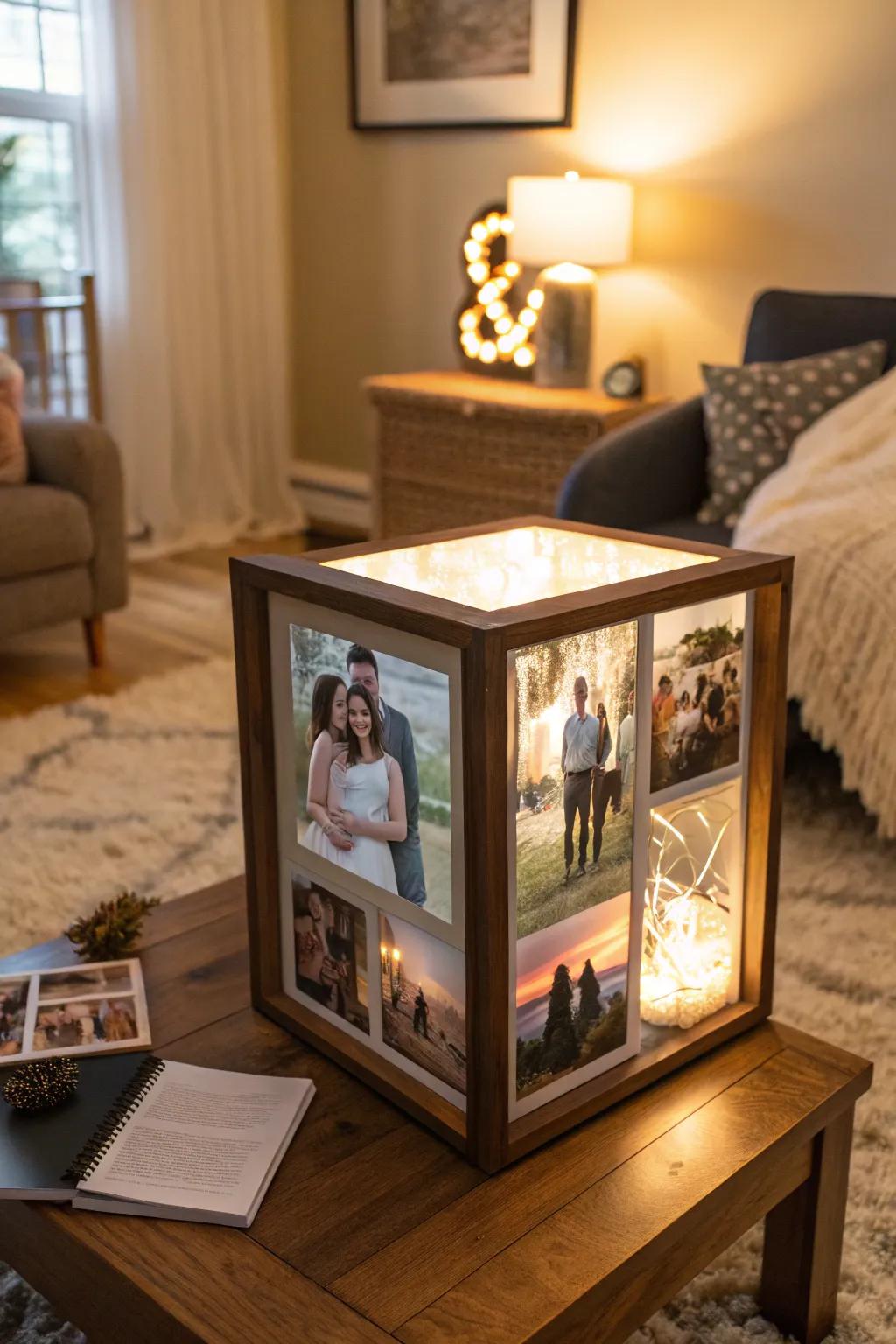 A shadow box photo montage tells your romance through images.