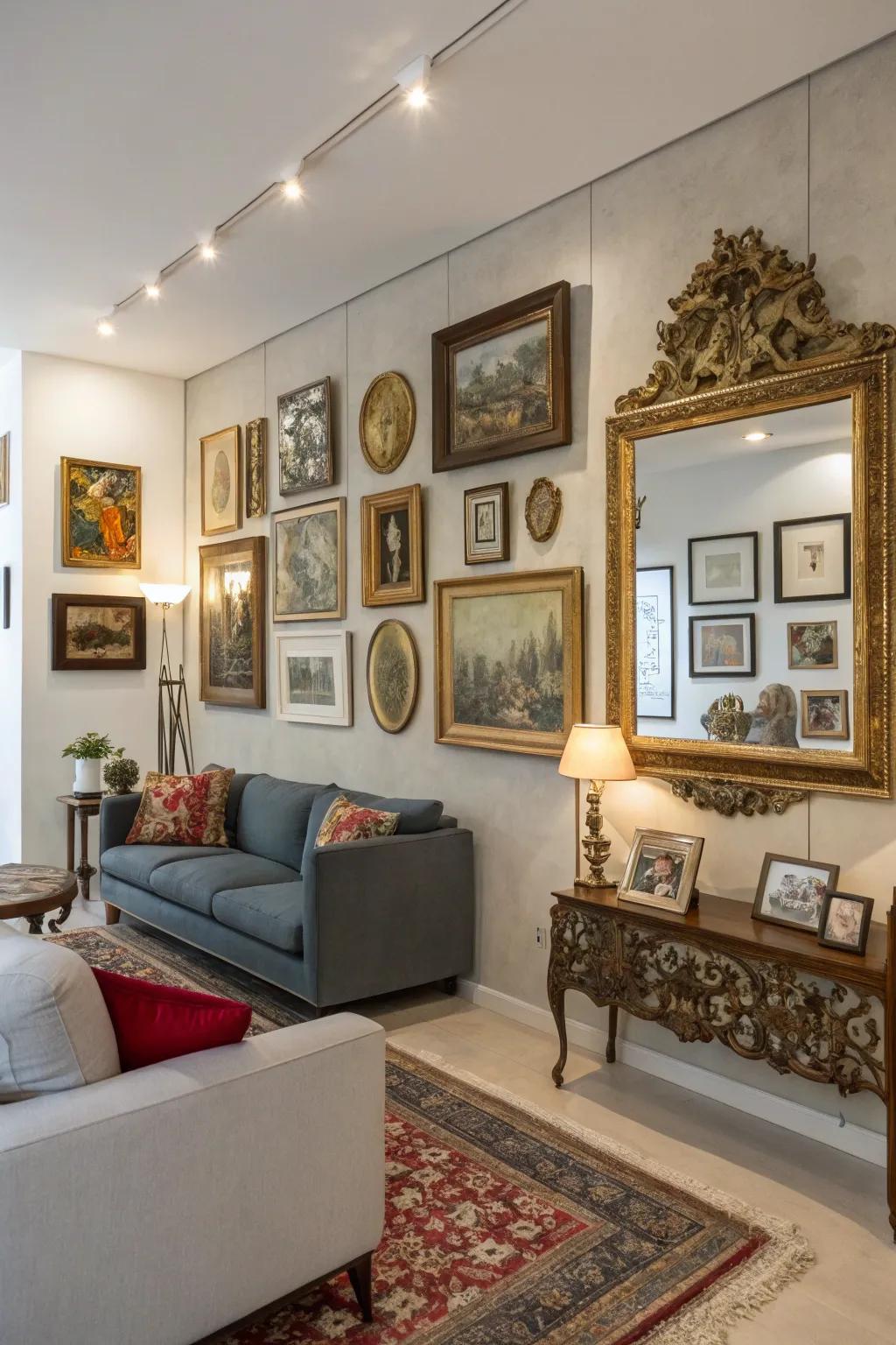 A gallery wall featuring antique artworks and mirrors, exuding timeless elegance.