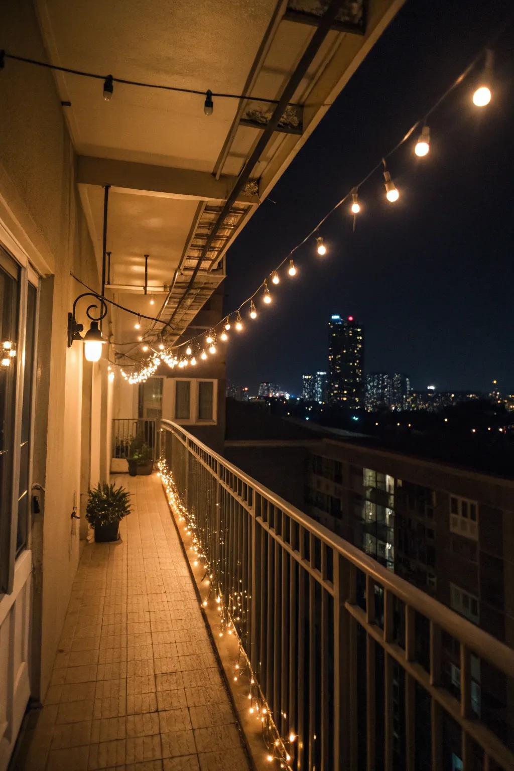 Twinkling illuminations create an amber and enchanting shimmer on this veranda.
