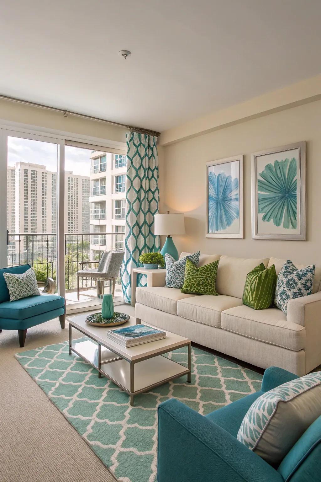 Subdued shades harmonized with vibrant color highlights in a stylish living area.