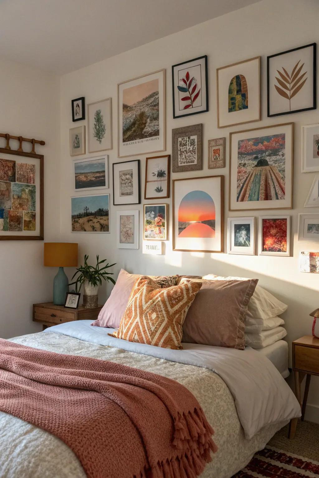 A gallery wall enhances your bedroom's character and visual depth.