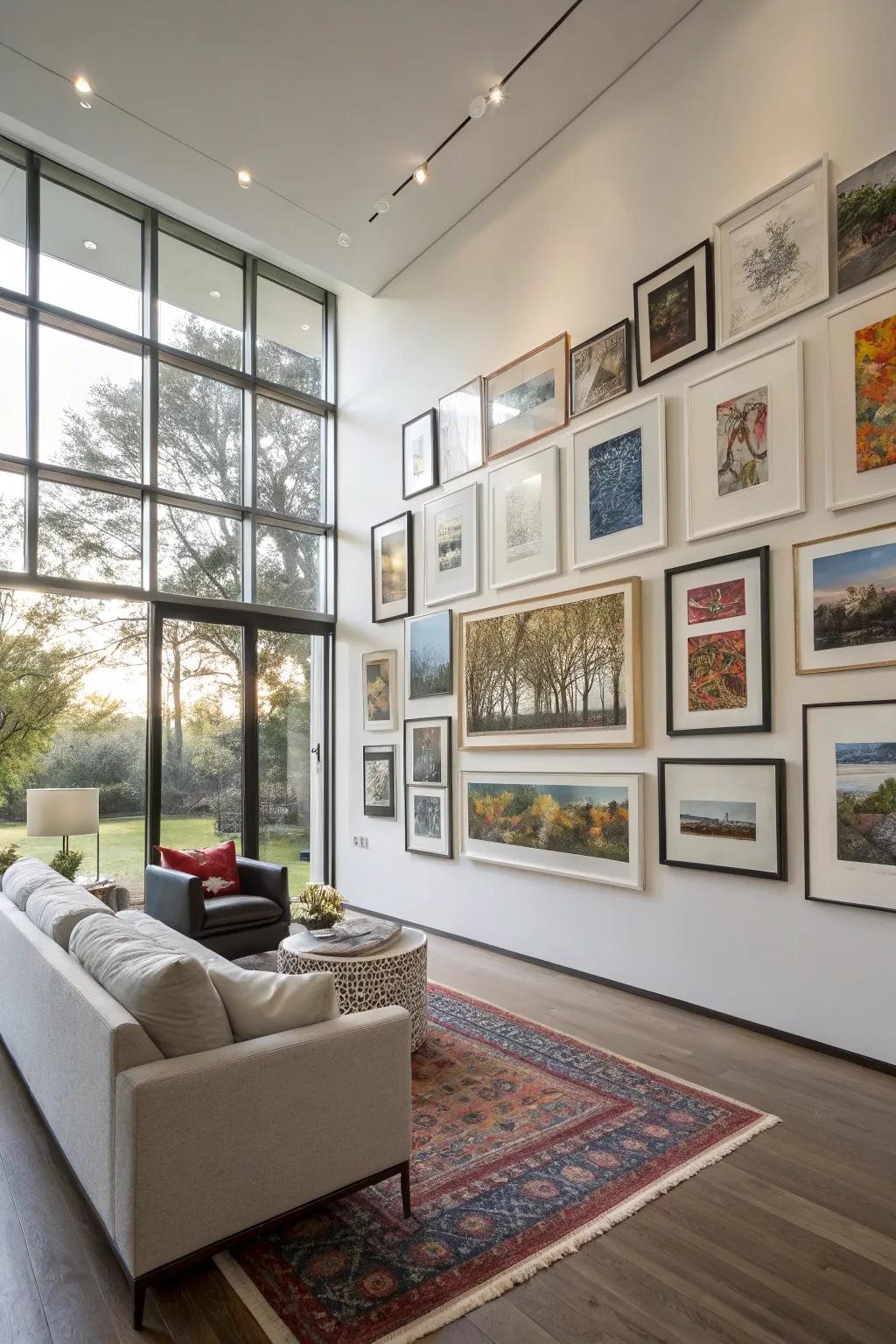 An elegant exhibition wall deploying a structured design for a harmonious artistic presentation.