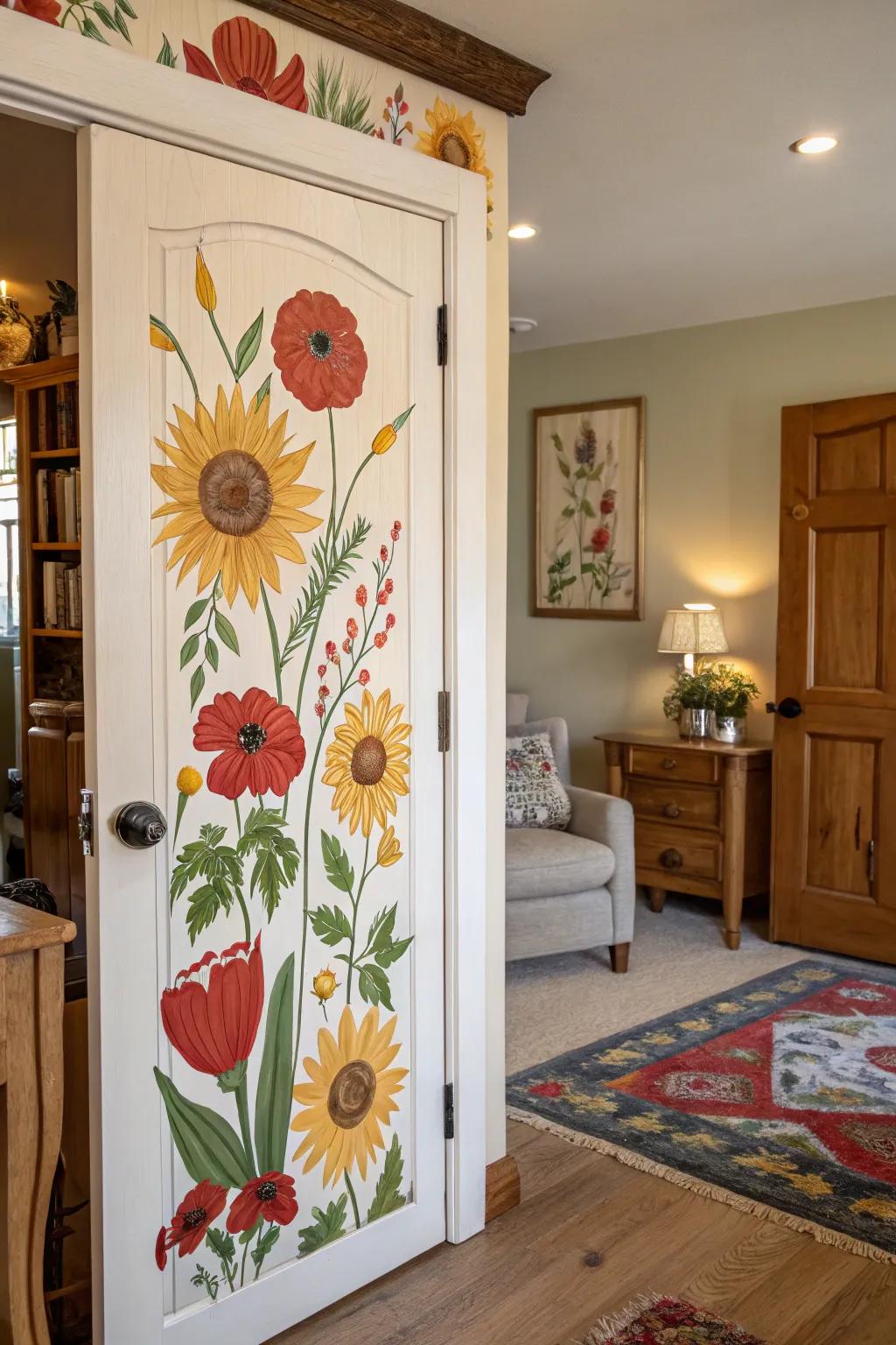 A door transformed into a floral spectacle, showcasing dynamic sunflowers and poppies.