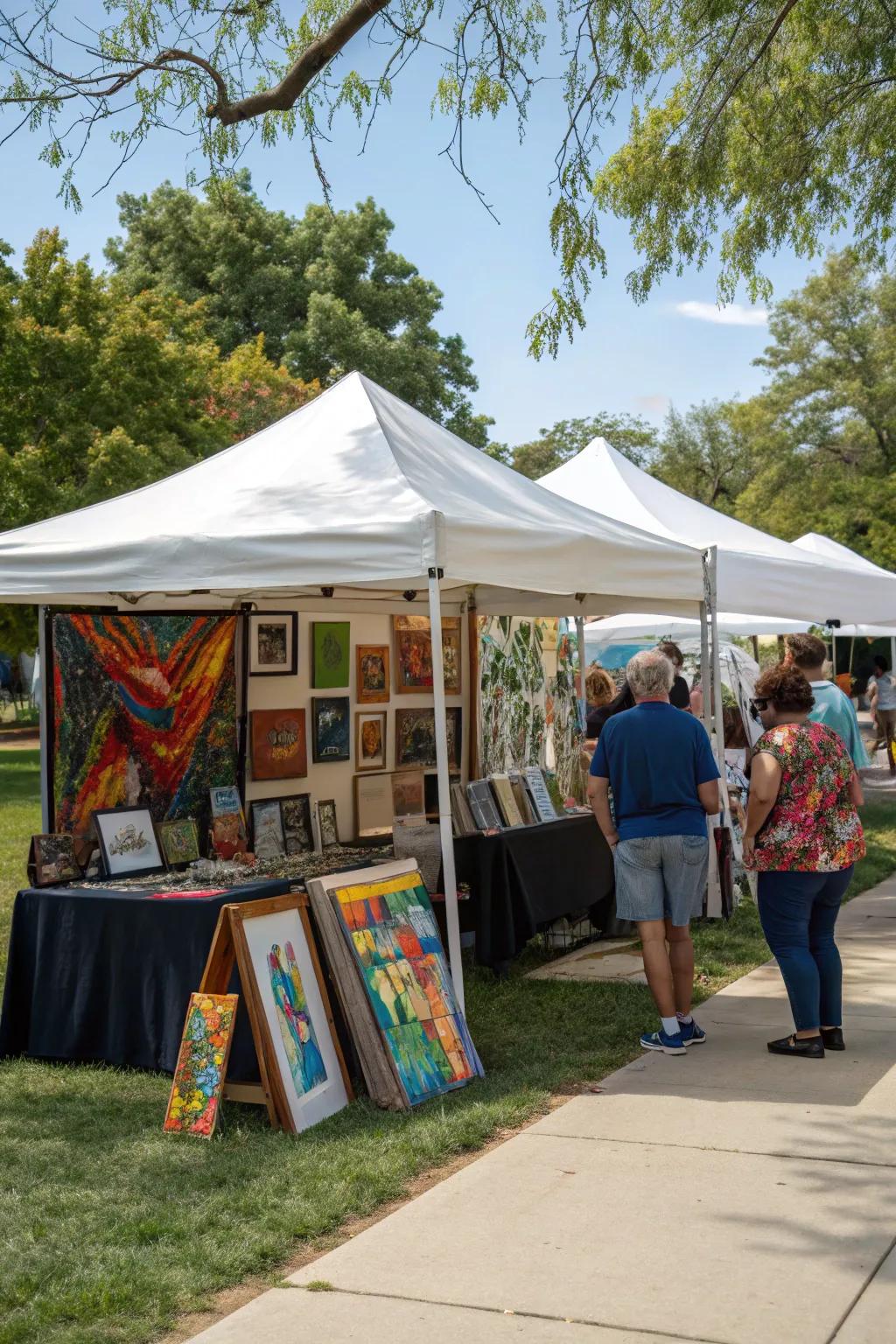 A charming outdoor art exhibition beneath a protective canopy.