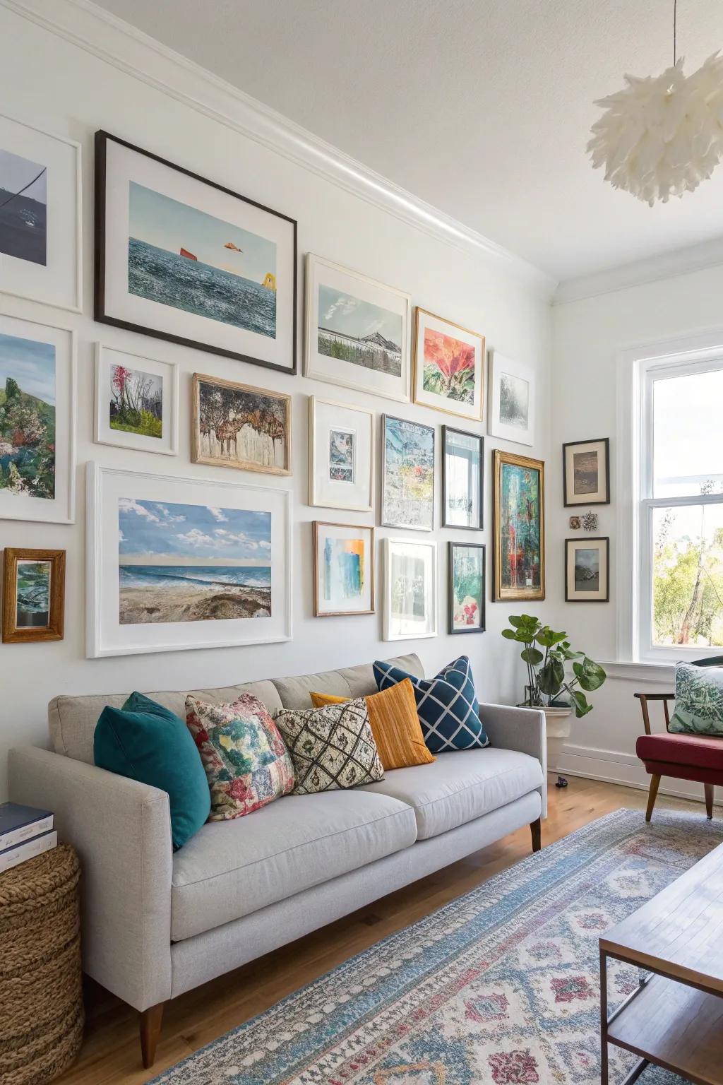 An artistic gallery wall exhibiting a variety of art prints and frame designs.