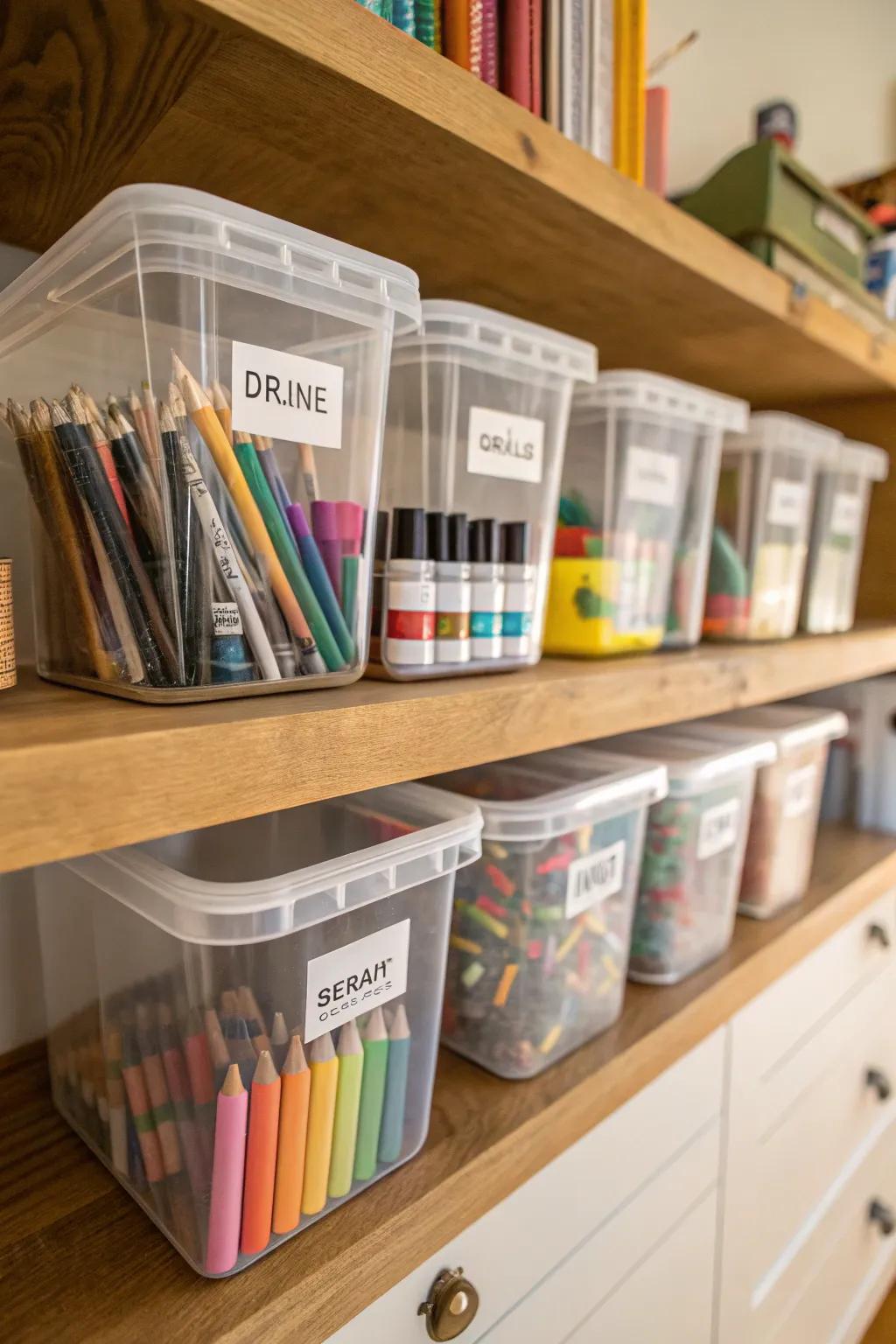 Unobstructed containers with identifications make locating artistic tools uncomplicated.