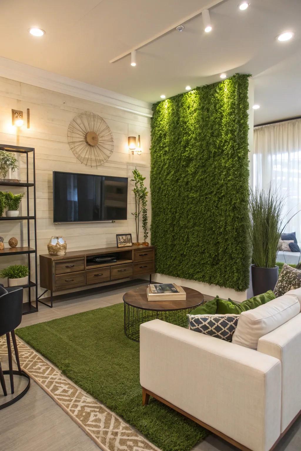 An up-to-date living area showcasing a simulated verdant wall as a remarkable center point.