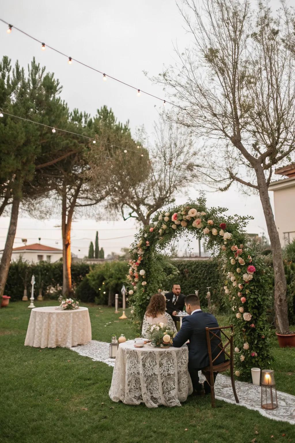 A backyard converted into a wedding locale using nature's gifts.