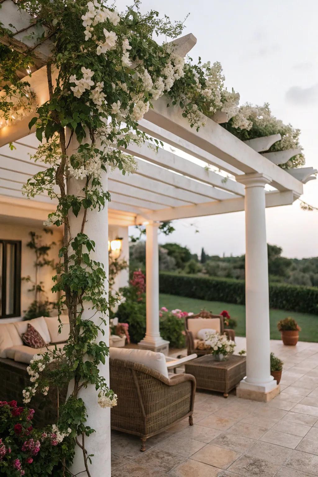 A pergola-covered patio establishes a tranquil outdoor sanctuary.