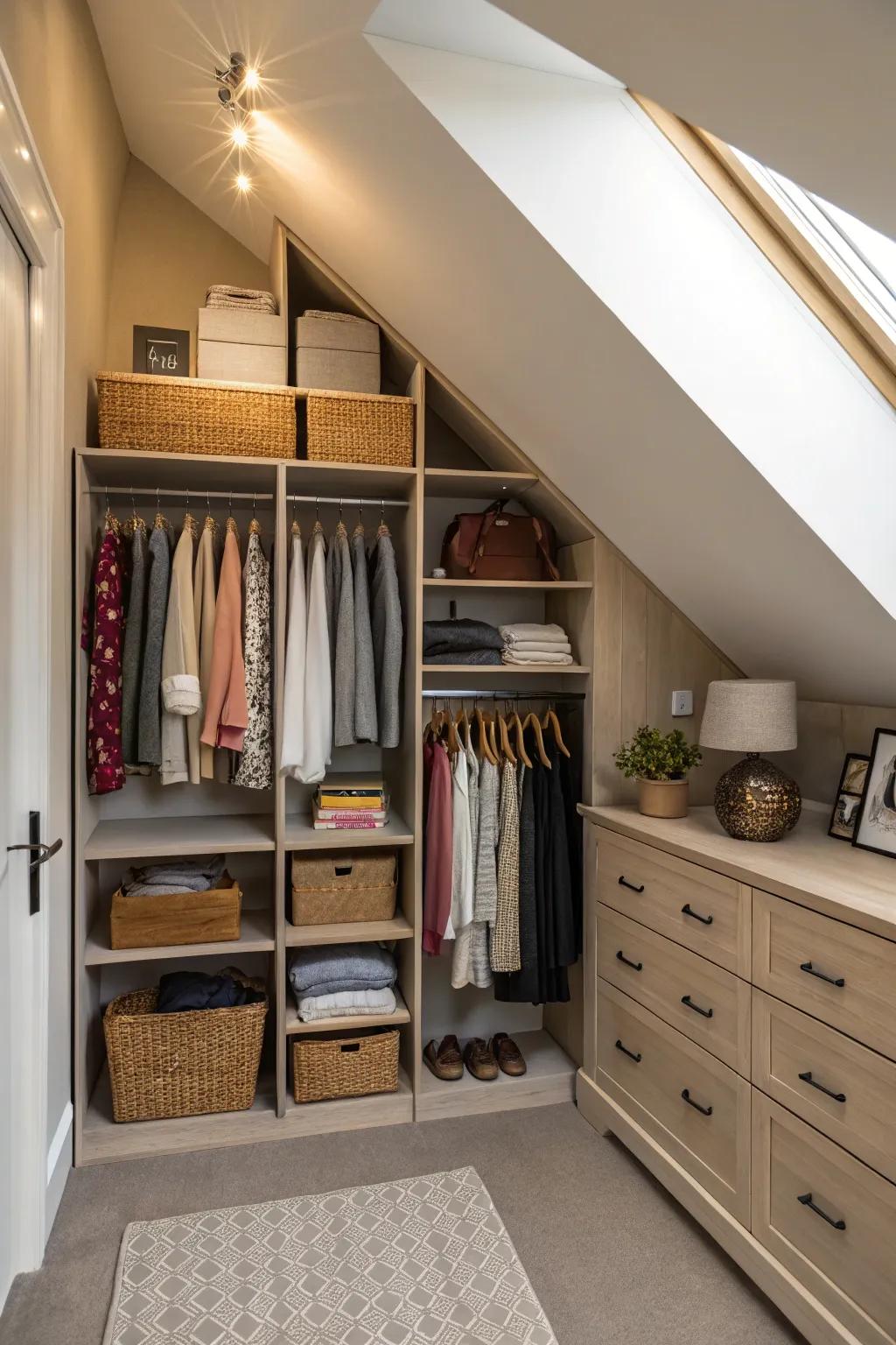 Make use of slanted ceilings for customized shelving solutions.