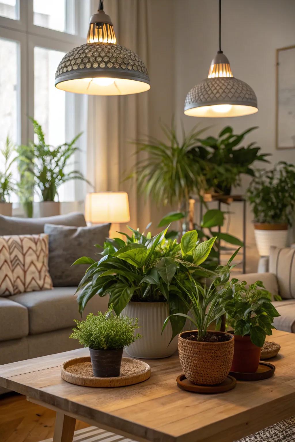 Pendant grow lights casting a refined glow over a diverse array of houseplants.