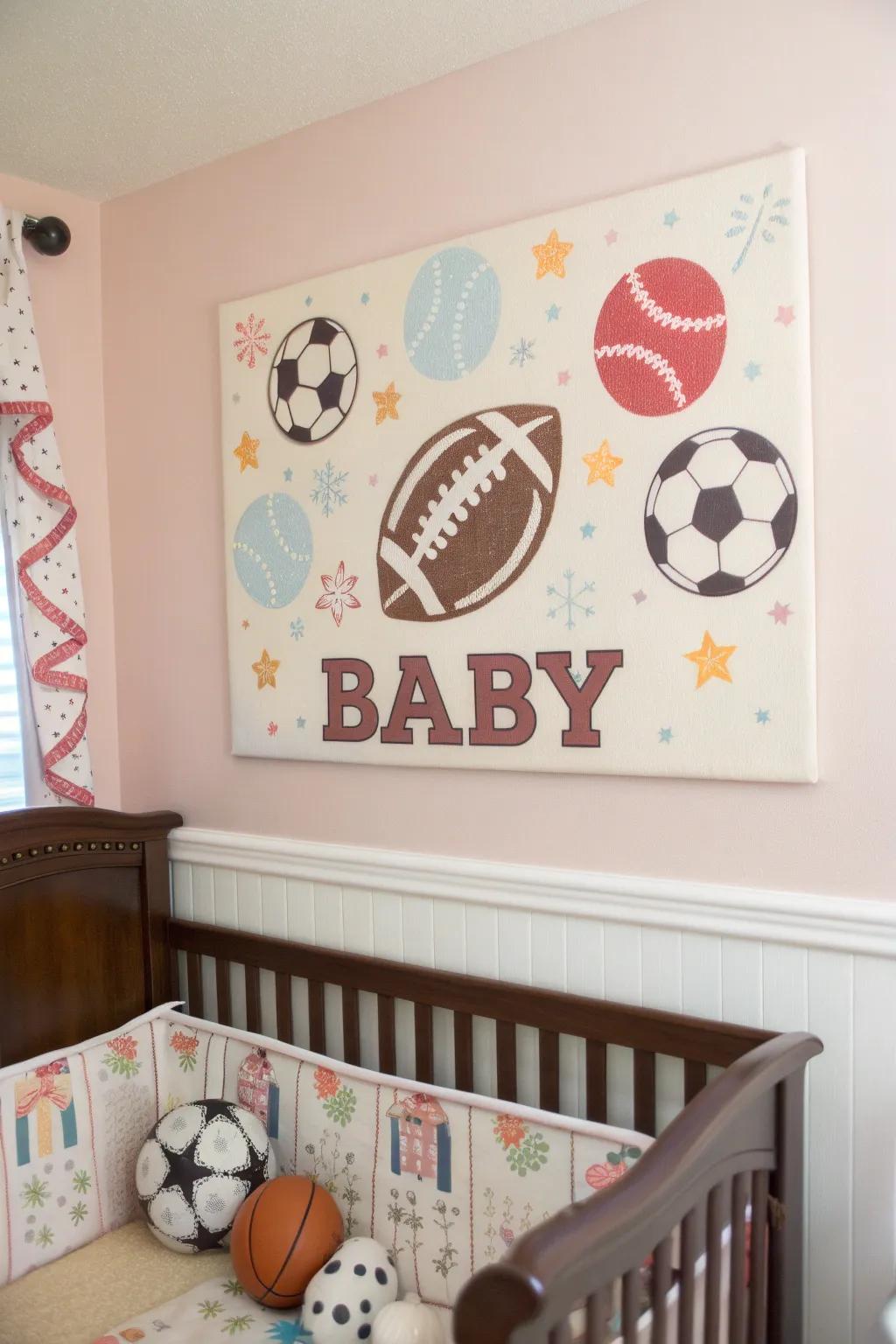 Bespoke sports-themed art on the walls brings a personal aspect to the nursery.