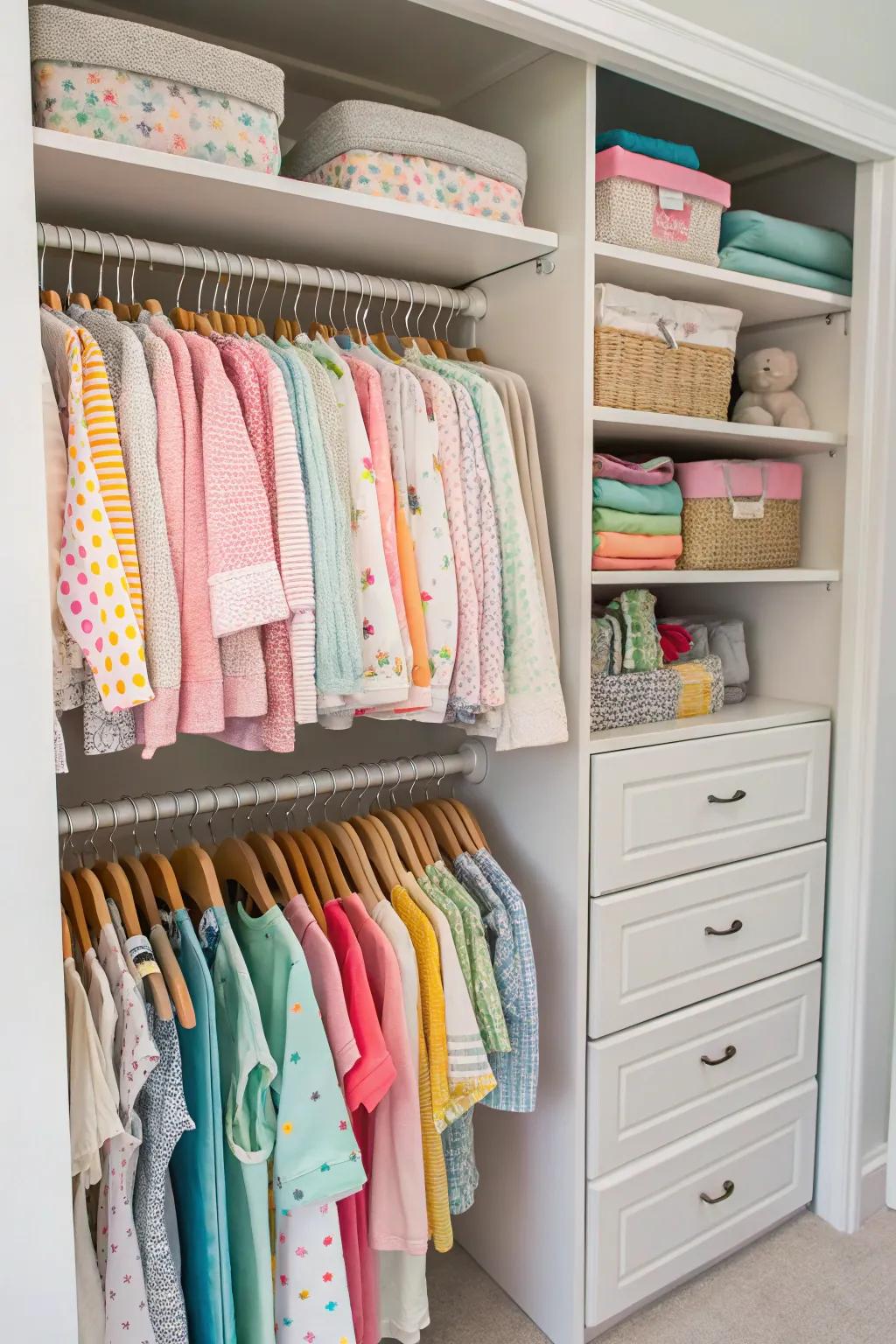 Dual hanging bars leverage closet space for infant apparel to its full potential.