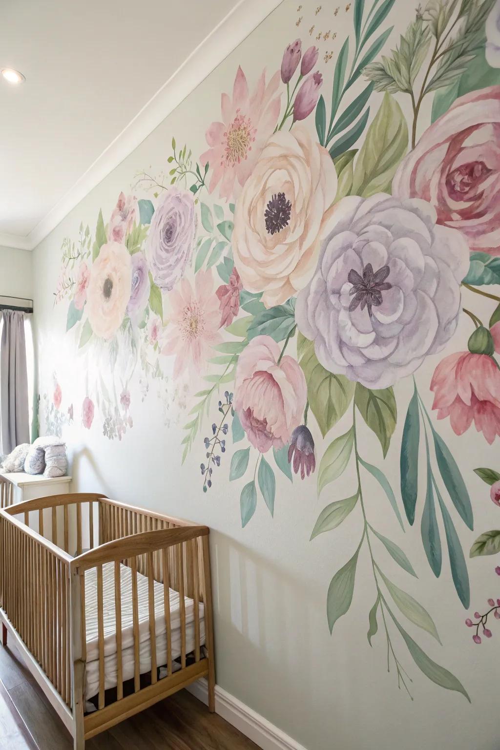 A nursery wall beautifully decorated with a striking floral mural.