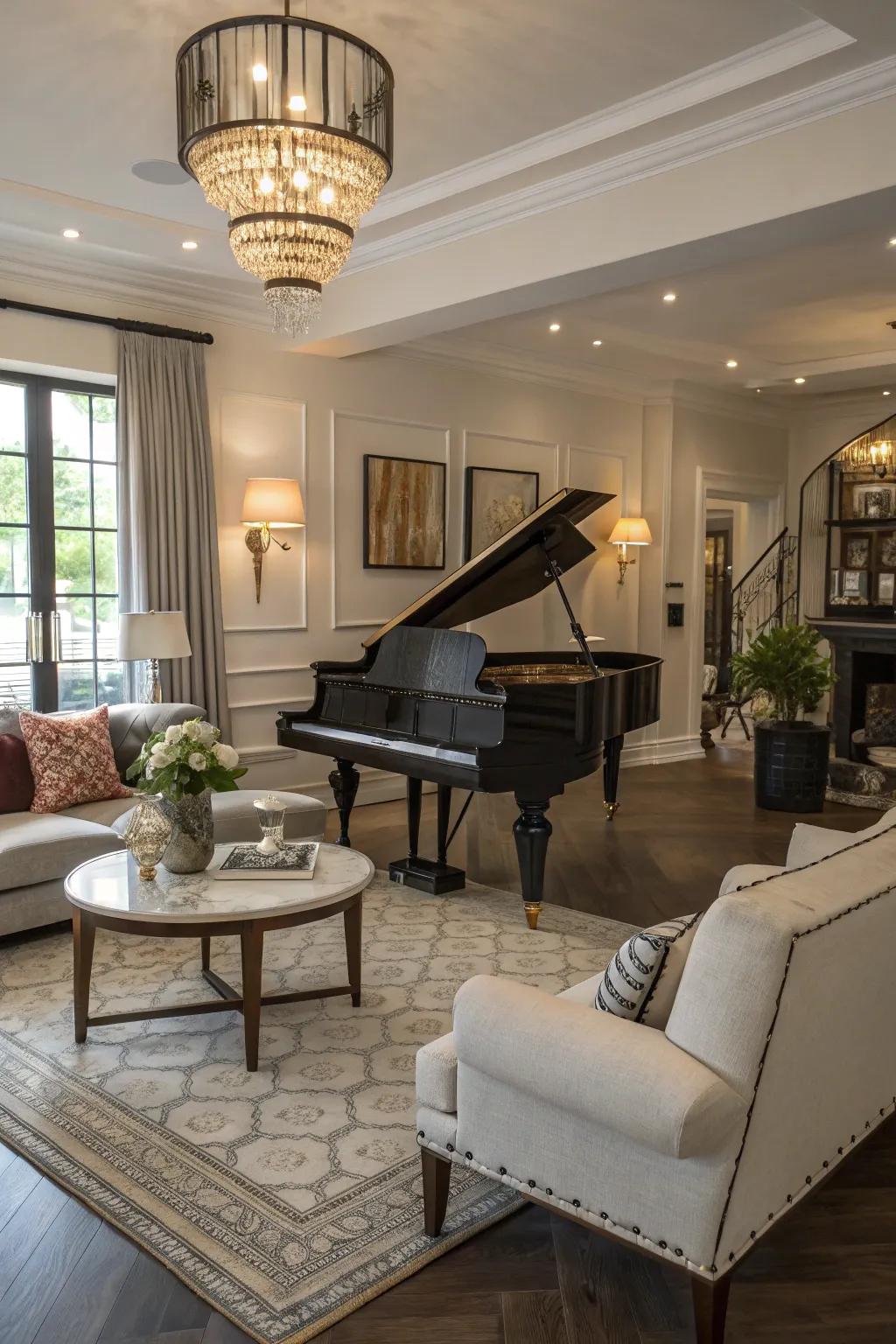 In this welcoming living area, the petite concert grand serves as the central piece.