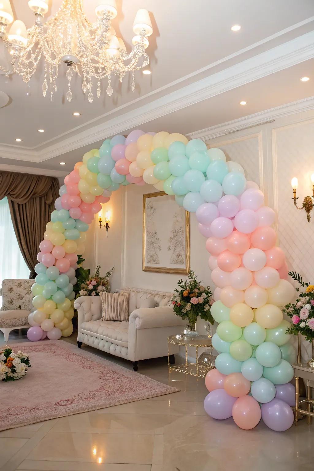 A lively balloon arch in delicate pastel tones establishes a welcoming atmosphere.