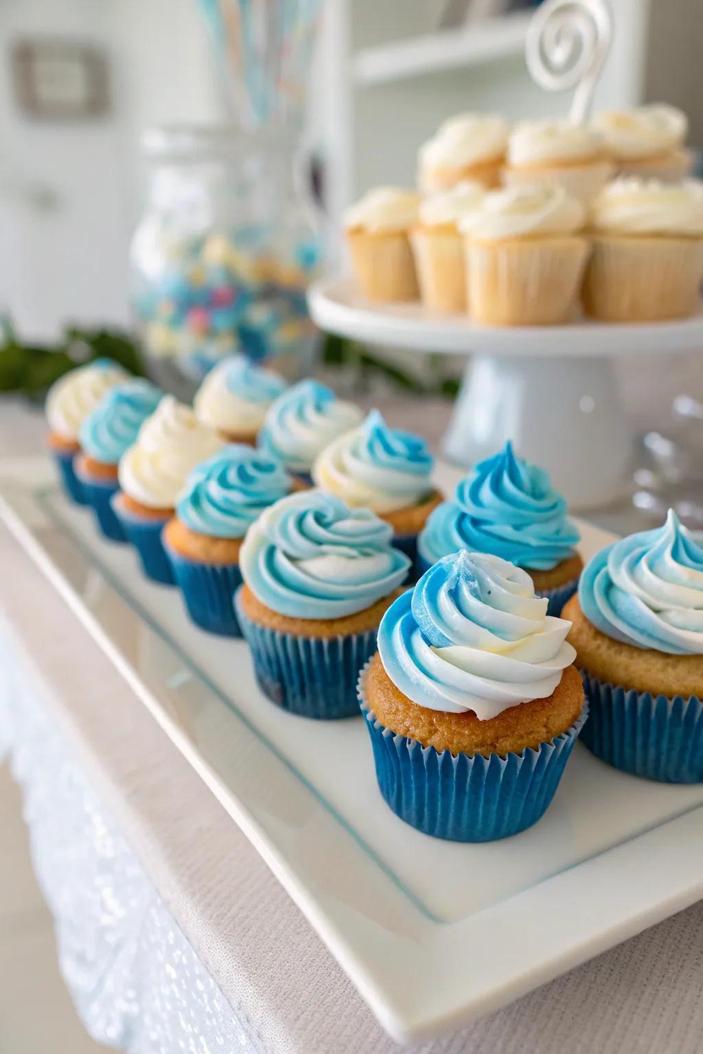 Ageless blue and white spiraled cupcakes primed for a baby boy's revelry.