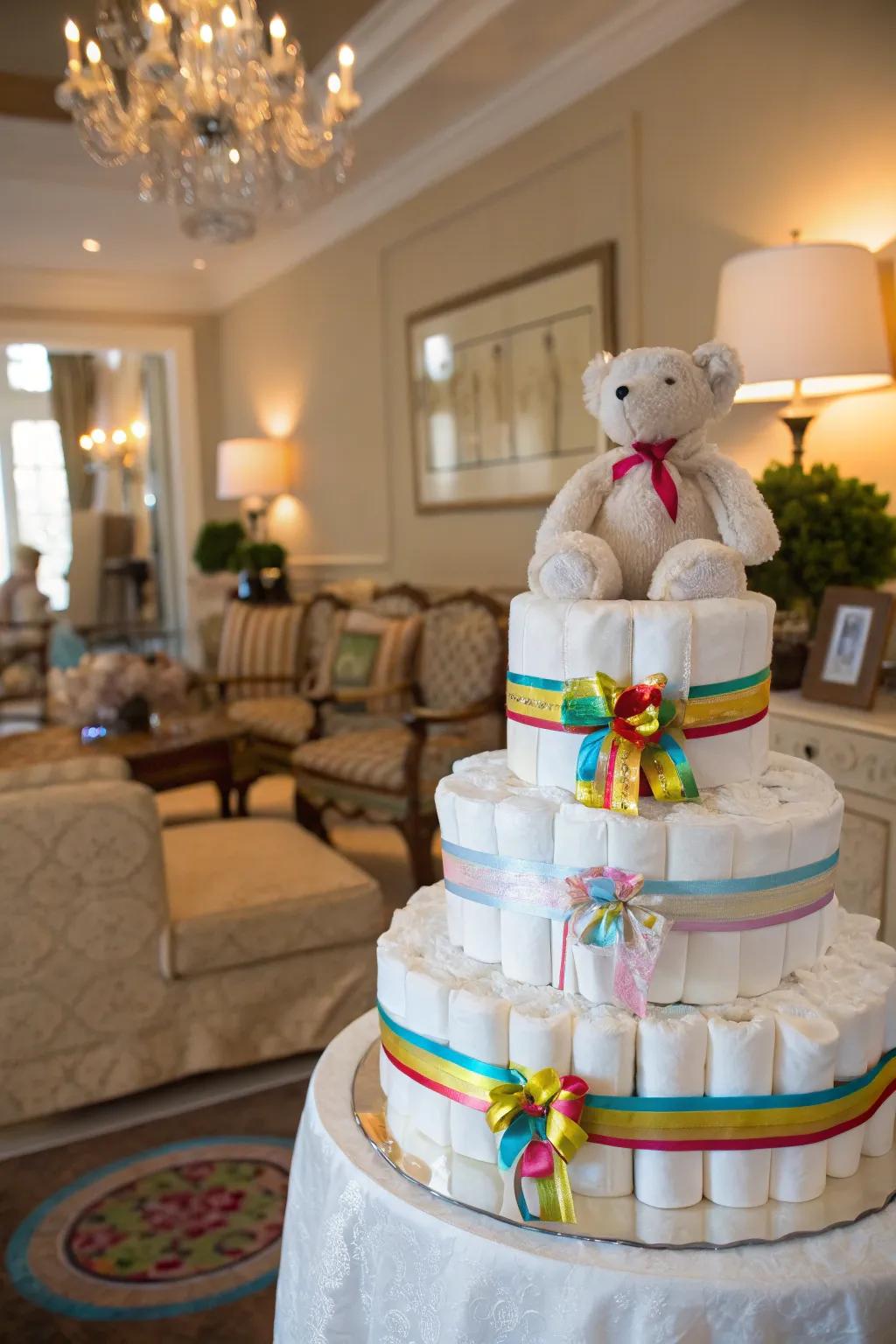 A classic diaper cake adorned with colorful ribbons and a plush toy.