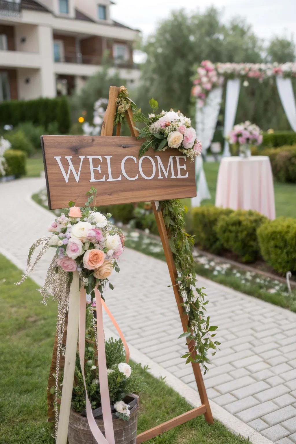 A bespoke welcome board eloquently receives guests at the baby shower.