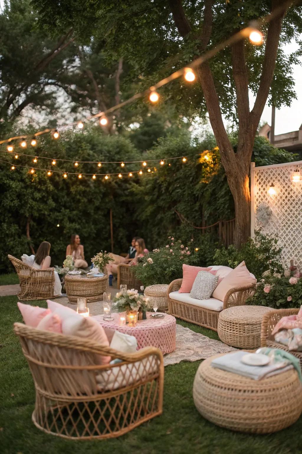 An elegant outdoor retreat featuring woven furniture and soft-colored cushions.